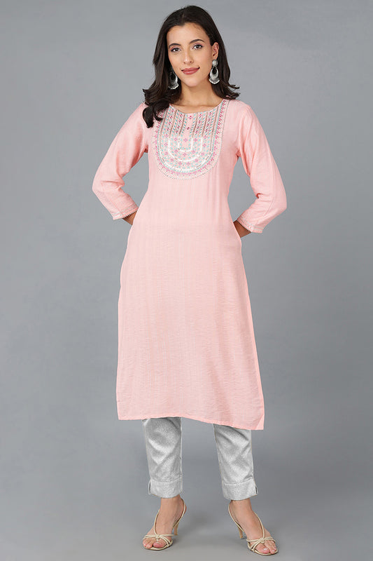 Pink Cotton Solid Yoke Design Straight Kurta 