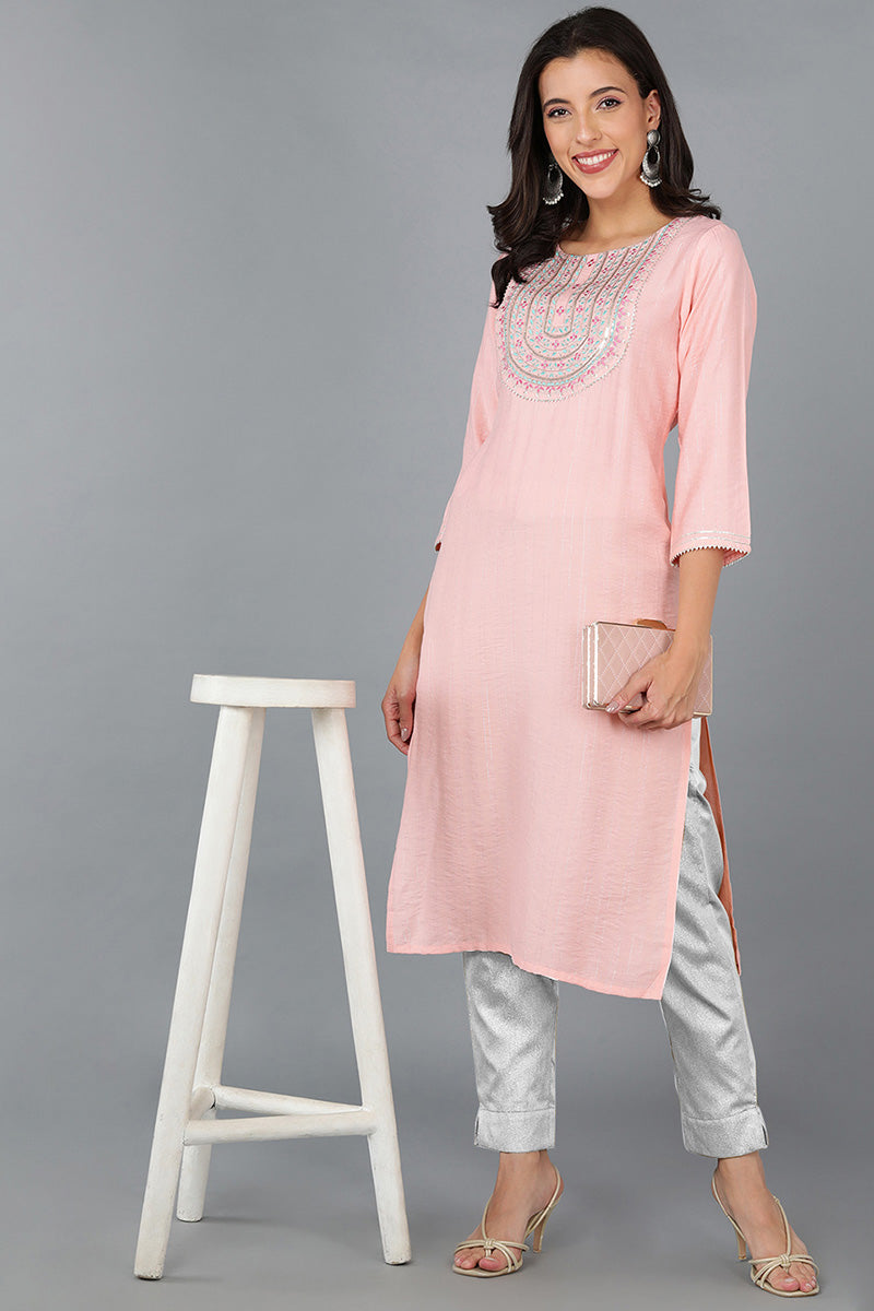 Pink Cotton Solid Yoke Design Straight Kurta 