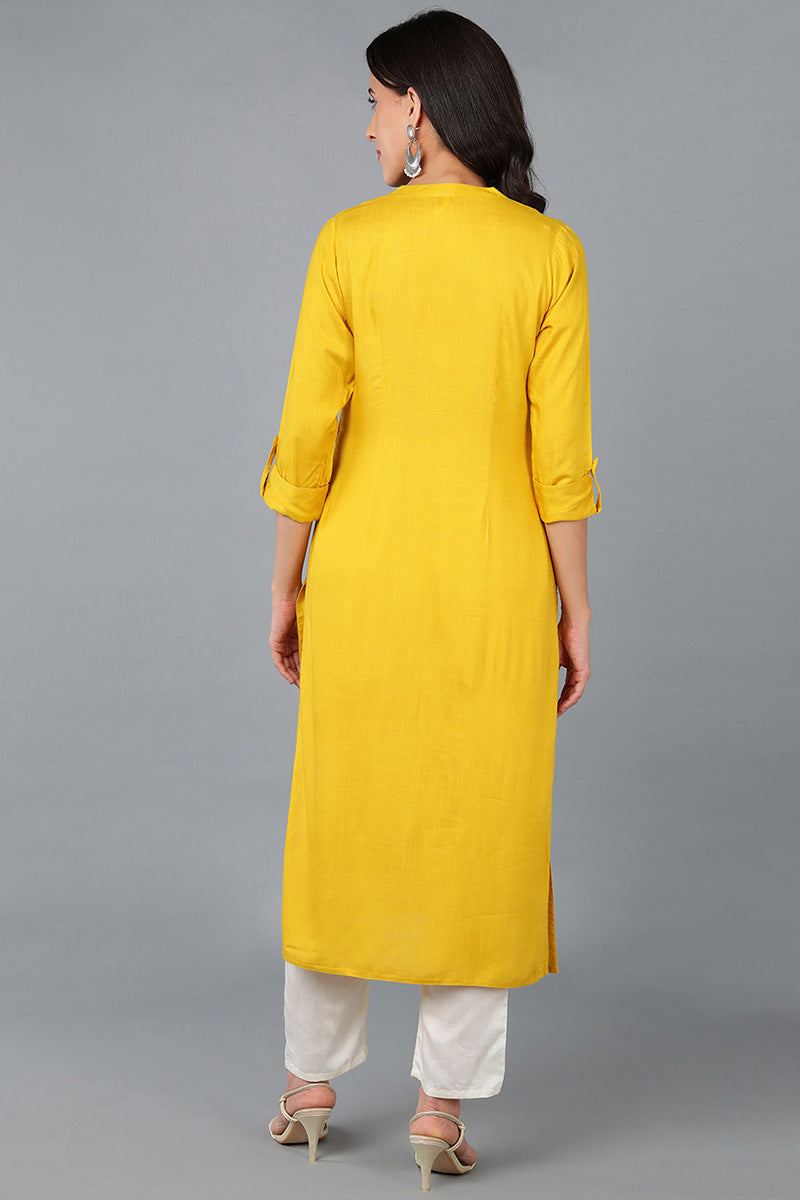 Yellow Cotton Blend Solid Embroidered Straight Kurta 