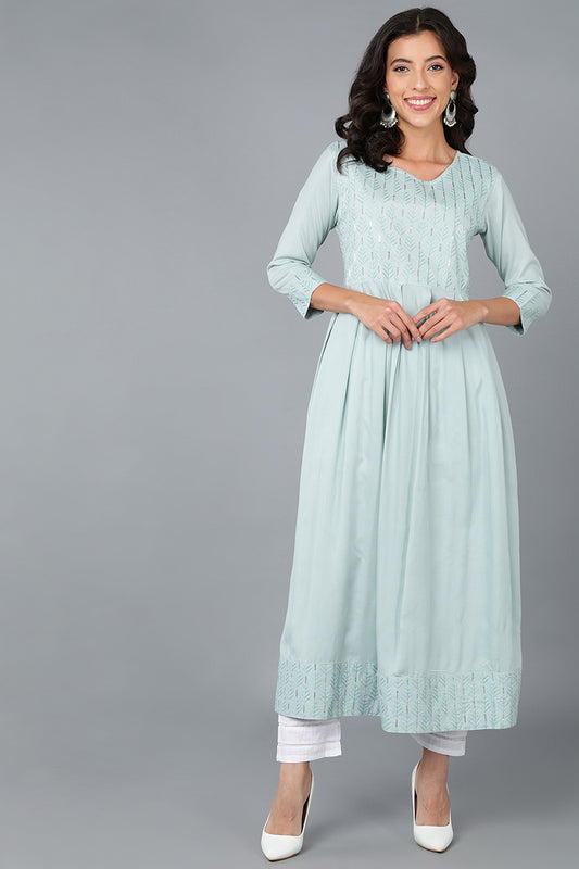 Blue Cotton Solid Embroidered Anarkali Kurta 