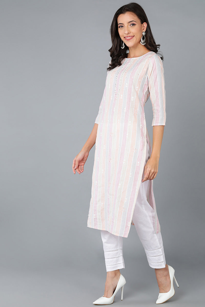 Multi Cotton Striped Embroidered Straight Kurta 