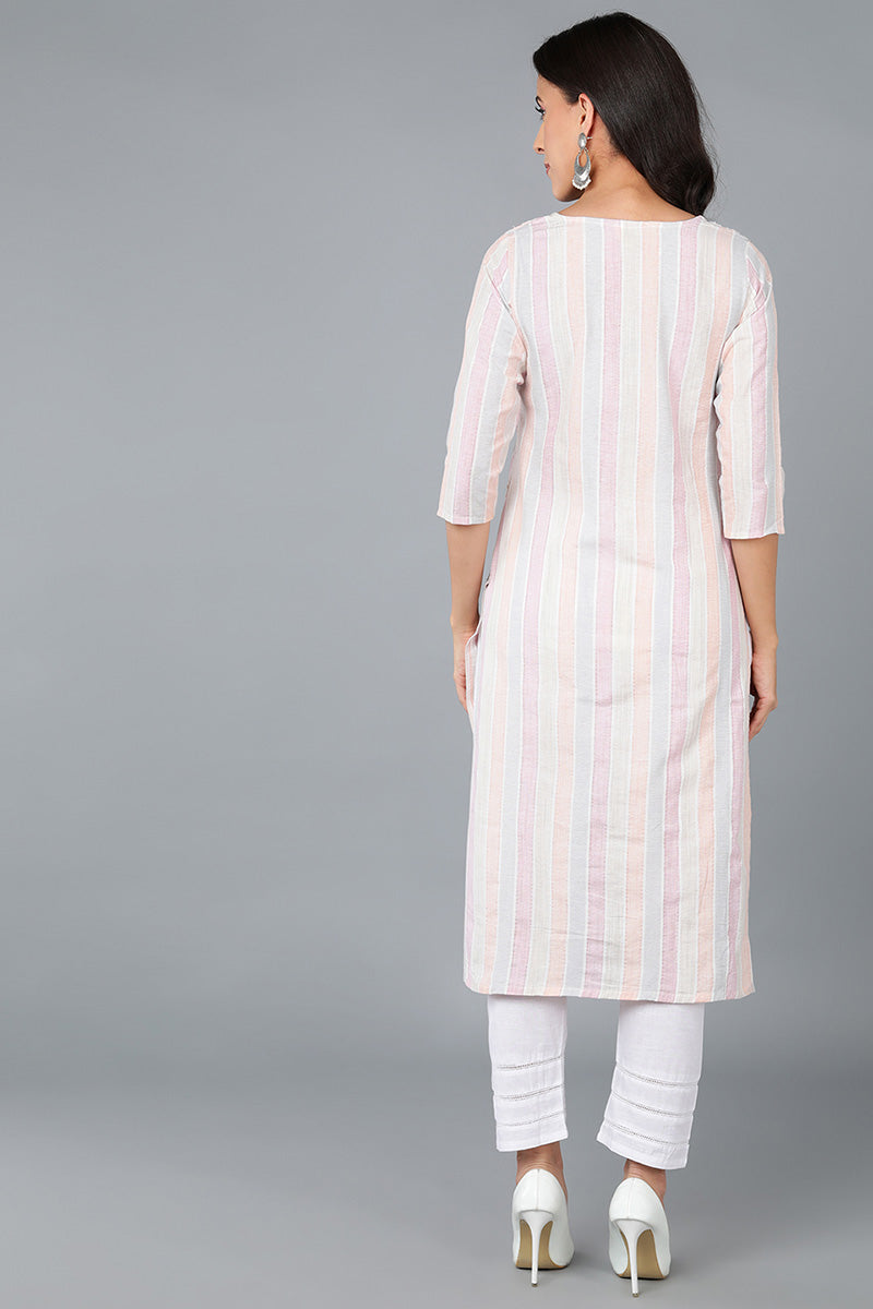 Multi Cotton Striped Embroidered Straight Kurta 