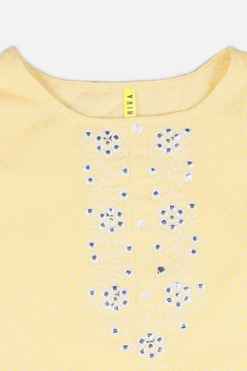 Yellow Cotton Checked Embroidered Straight Kurta 