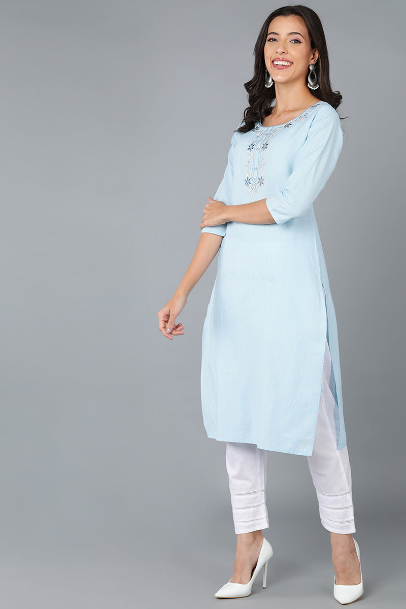 Blue Cotton Solid Embroidered Straight Kurta 