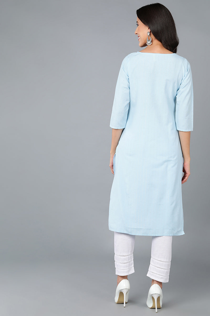 Blue Cotton Solid Embroidered Straight Kurta 