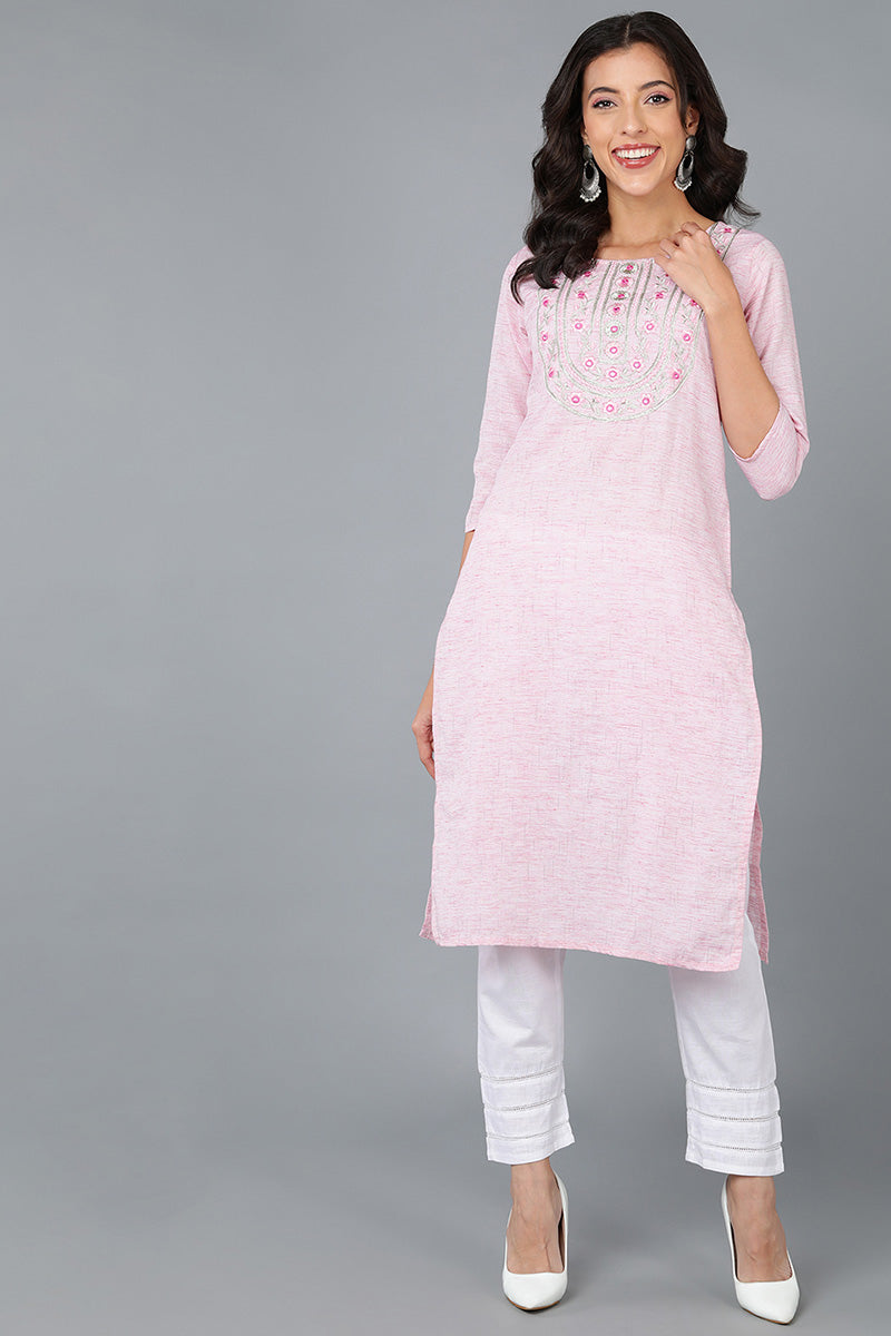 Pink Cotton Solid Yoke Design Straight Kurta 