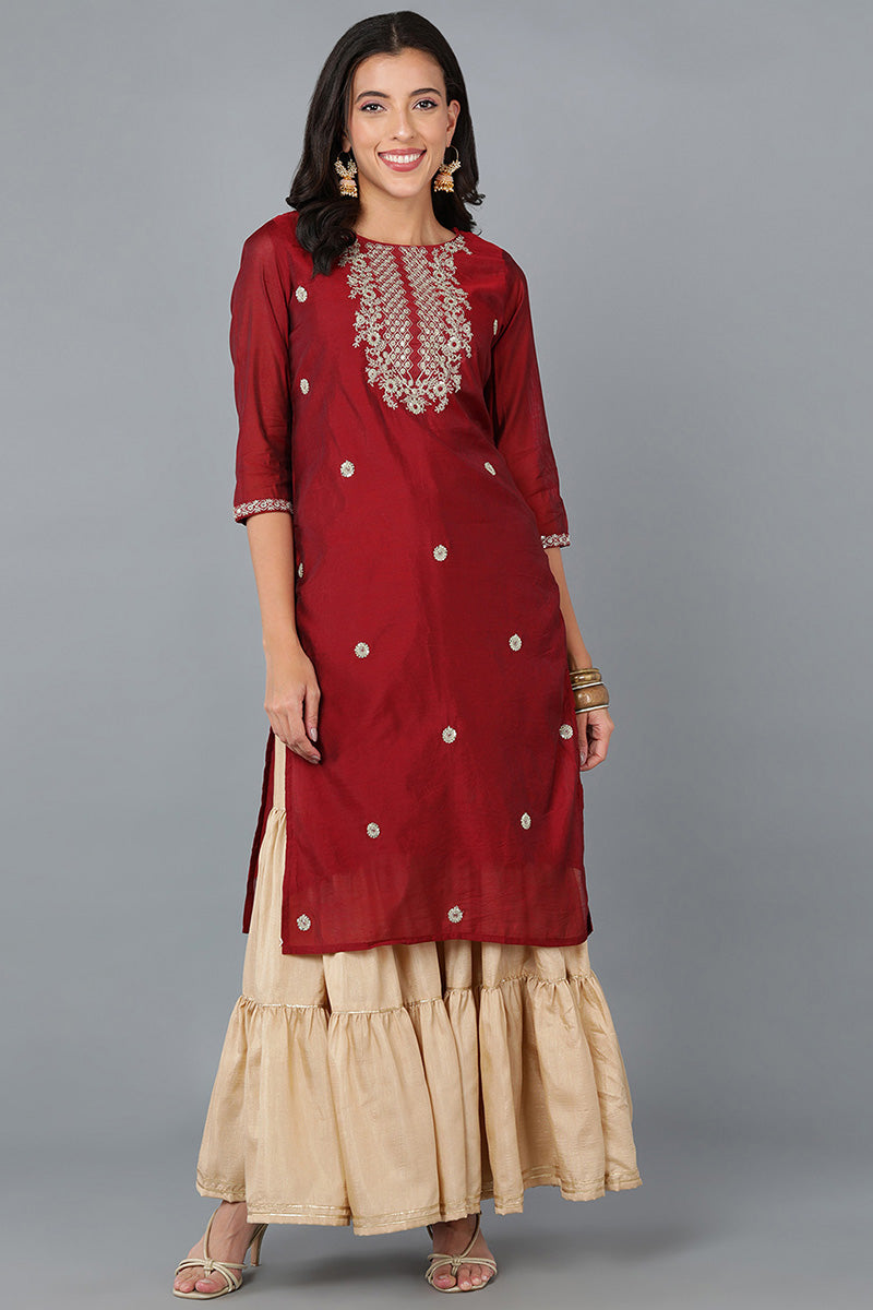 Red Cotton Blend Solid Embroidered Straight Kurta 