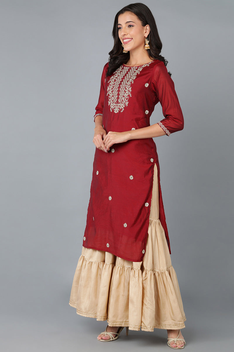 Red Cotton Blend Solid Embroidered Straight Kurta 