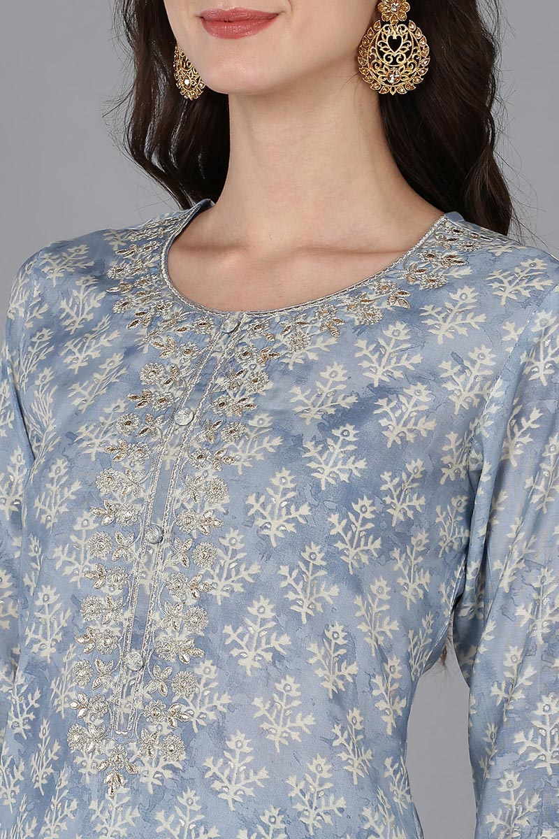 Blue Silk Blend Ethnic Motifs Embroidered Straight Kurta 