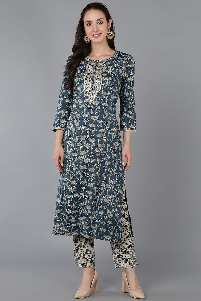 Blue Silk Blend Floral Embroidered Straight Kurta - Ahika