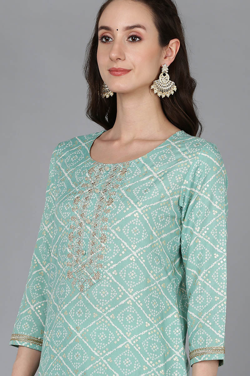 Sea Green Silk Blend Bandhani Embroidered Straight Kurta 