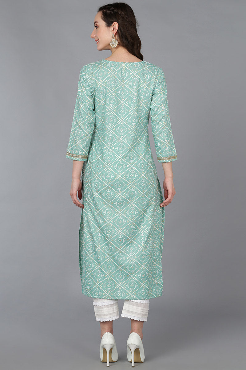 Sea Green Silk Blend Bandhani Embroidered Straight Kurta 