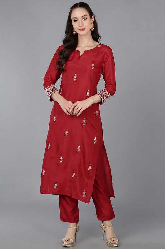 Red Silk Blend Solid Embroidered Straight Kurta 