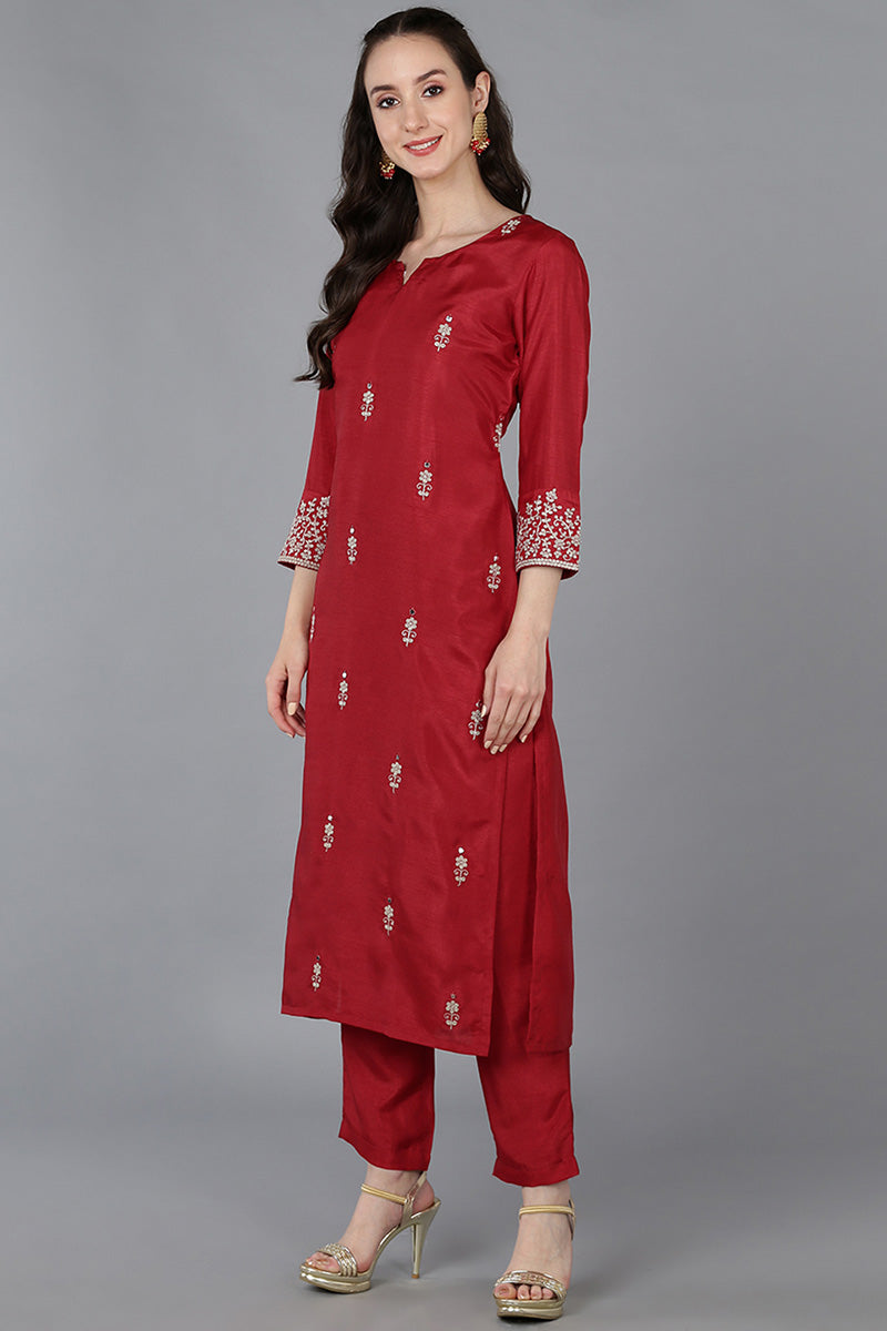 Red Silk Blend Solid Embroidered Straight Kurta 