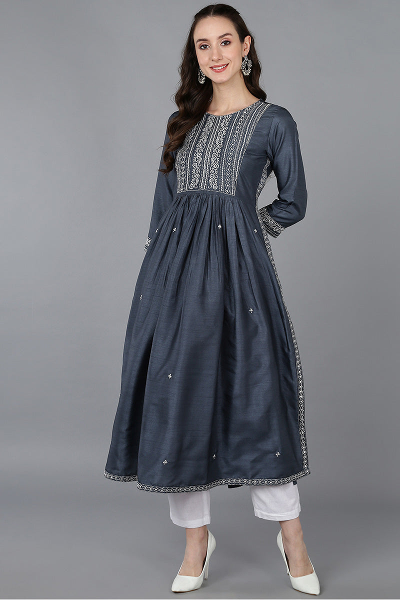 Charcoal Silk Blend Solid Yoke Design Straight Kurta 