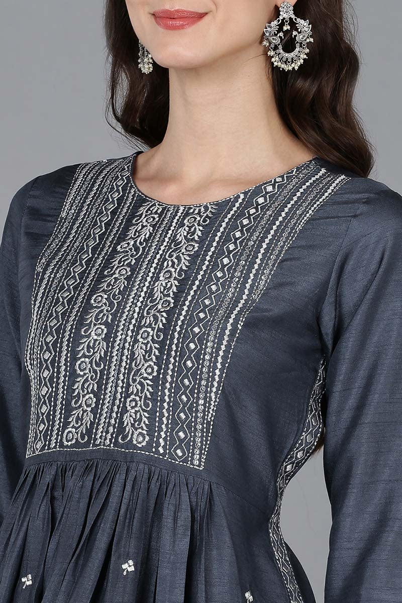 Charcoal Silk Blend Solid Yoke Design Straight Kurta 