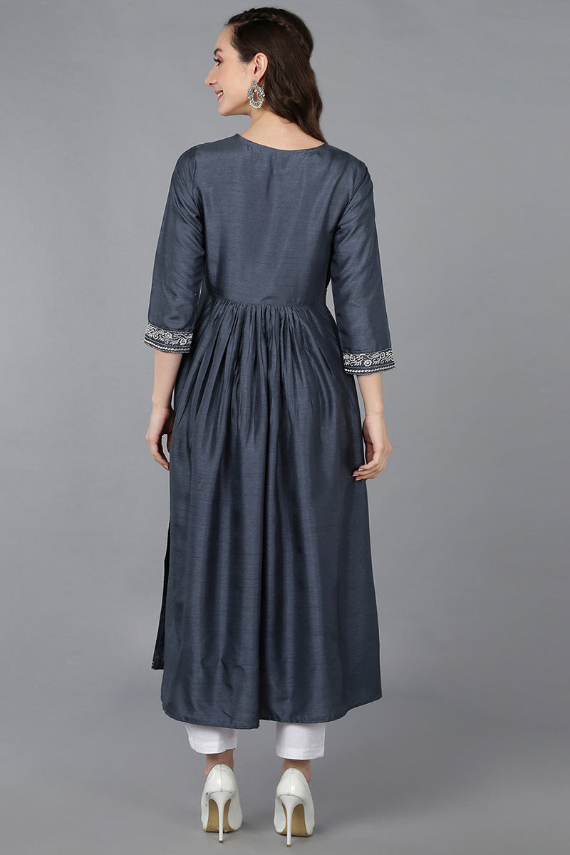 Charcoal Silk Blend Solid Yoke Design Straight Kurta 