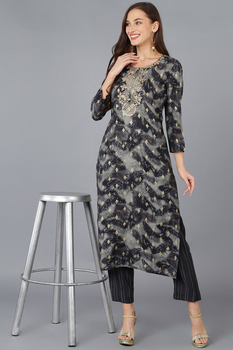 Charcoal Silk Blend Woven Design Embroidered Straight Kurta 