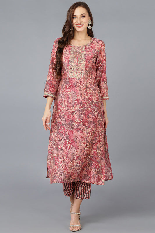 Peach Silk Blend Abstract Embroidered Straight Kurta VCK9036