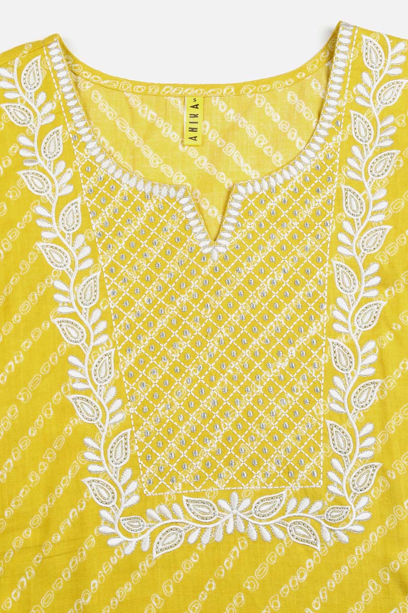 Yellow Cotton Bandhani Embroidered Straight Kurta