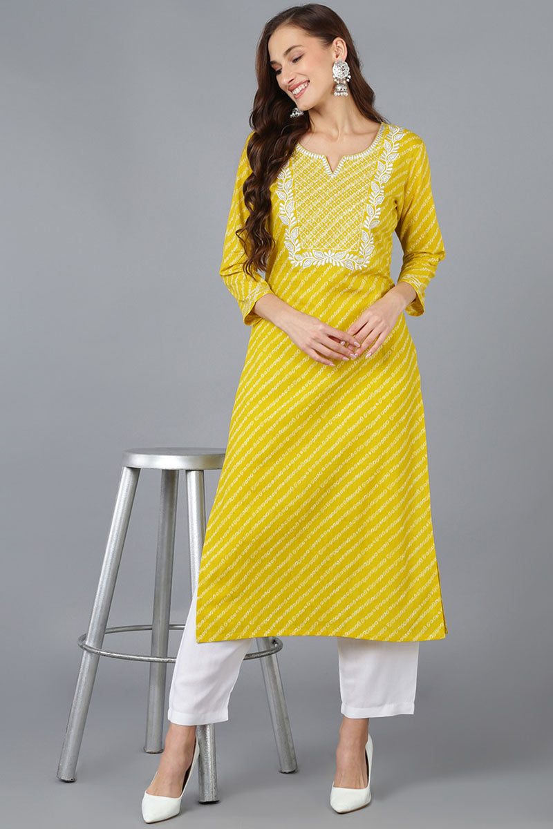 Yellow Cotton Bandhani Embroidered Straight Kurta