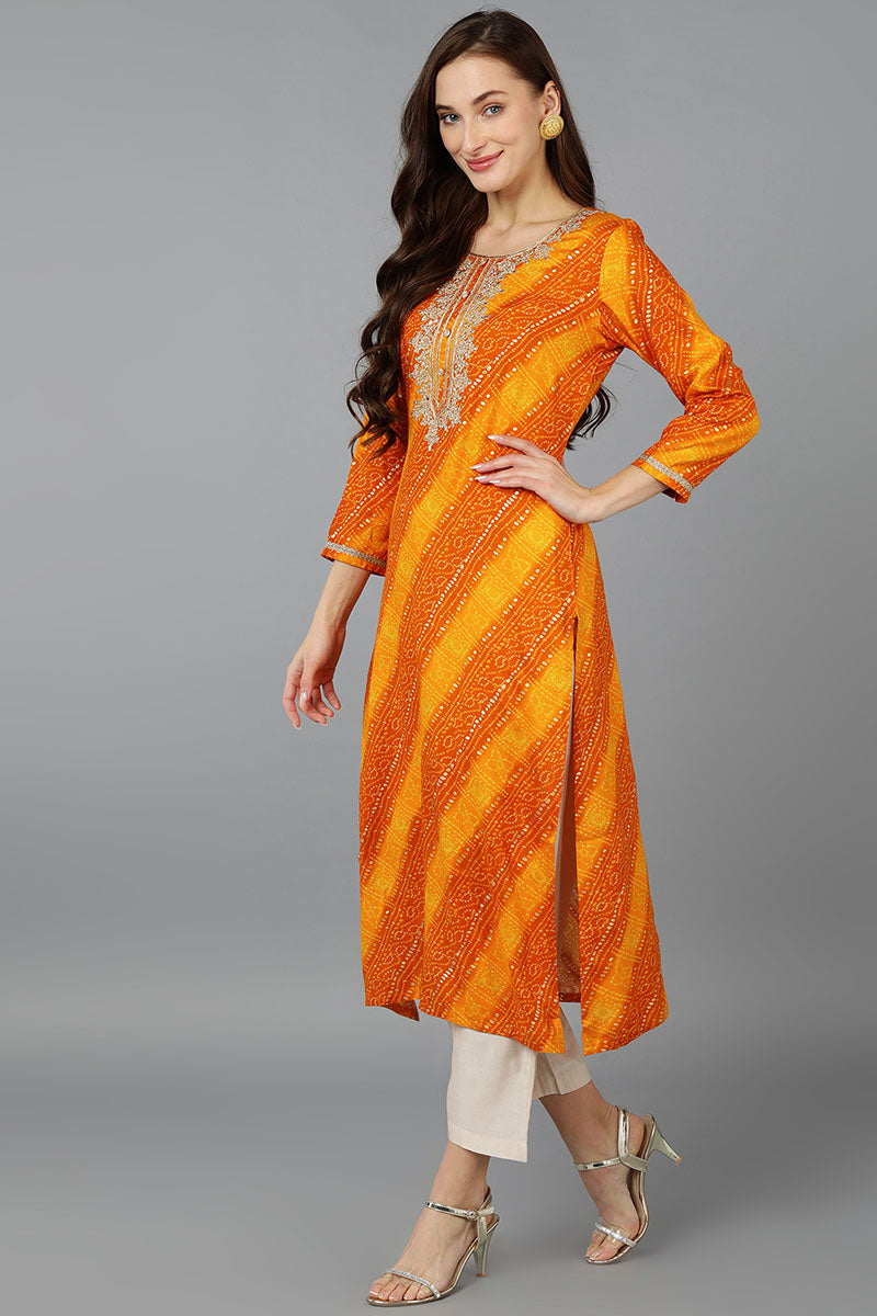 Orange Viscose Rayon Bandhani Embroidered Straight Kurta 