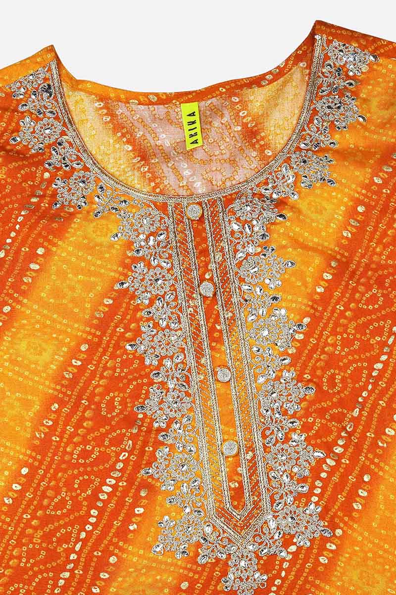 Orange Viscose Rayon Bandhani Embroidered Straight Kurta 