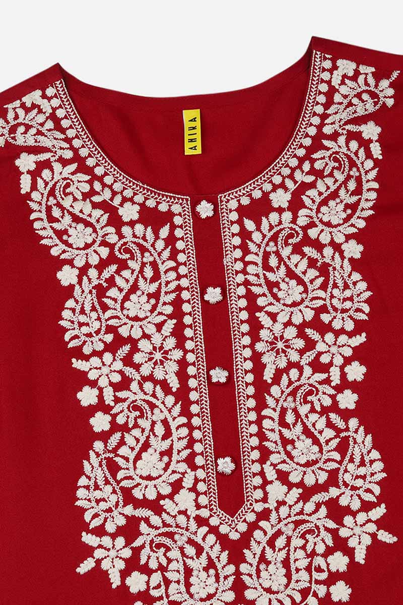 Red Viscose Rayon Solid Embroidered Straight Kurta
