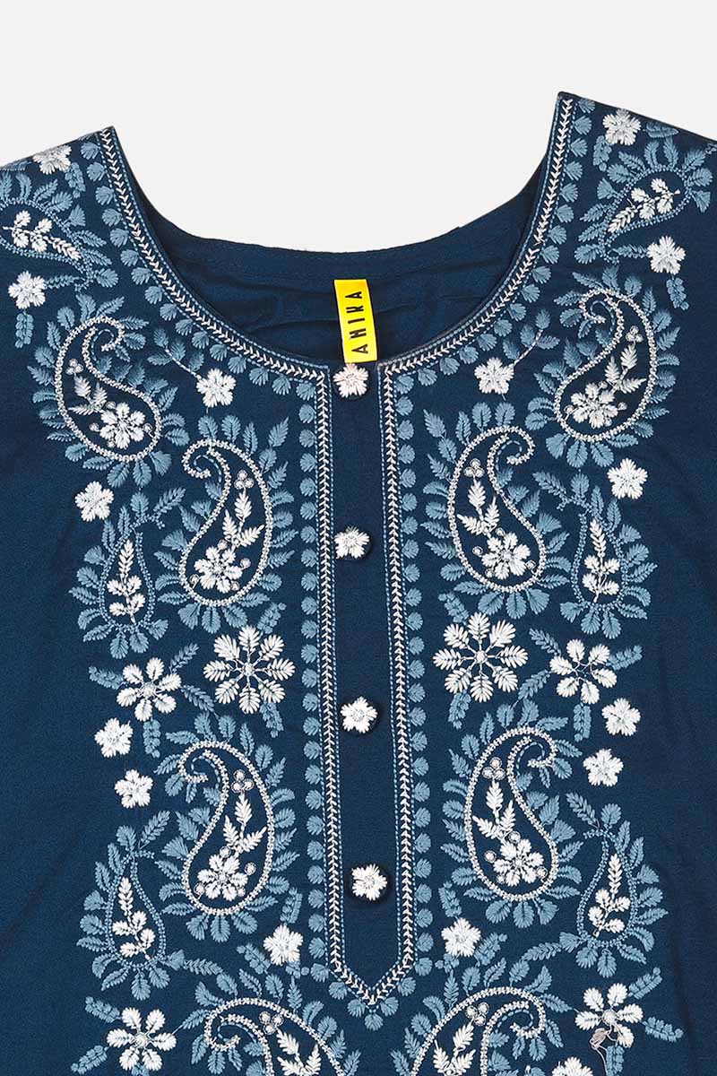 Blue Viscose Rayon Solid Embroidered Straight Kurta 