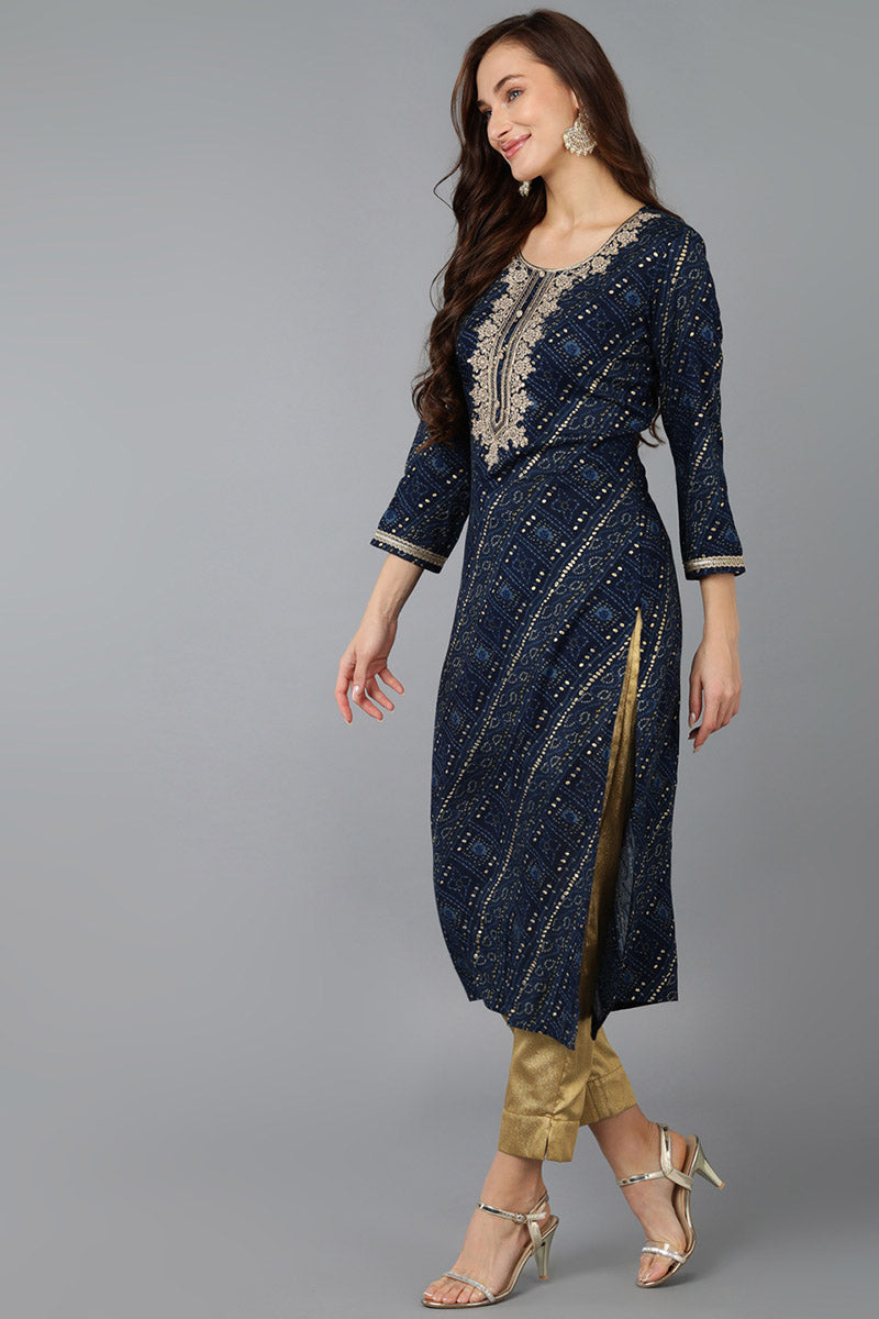 Navy Blue Viscose Rayon Bandhani Embroidered Straight Kurta VCK9066