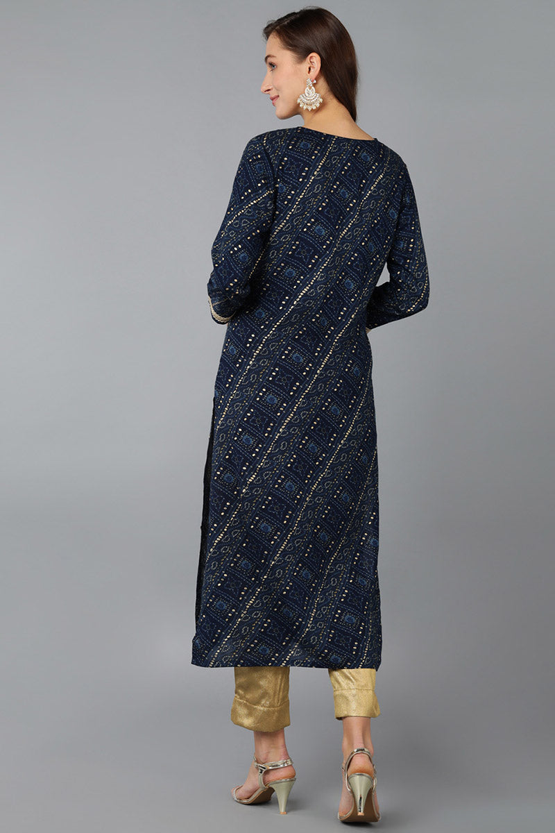 Navy Blue Viscose Rayon Bandhani Embroidered Straight Kurta VCK9066