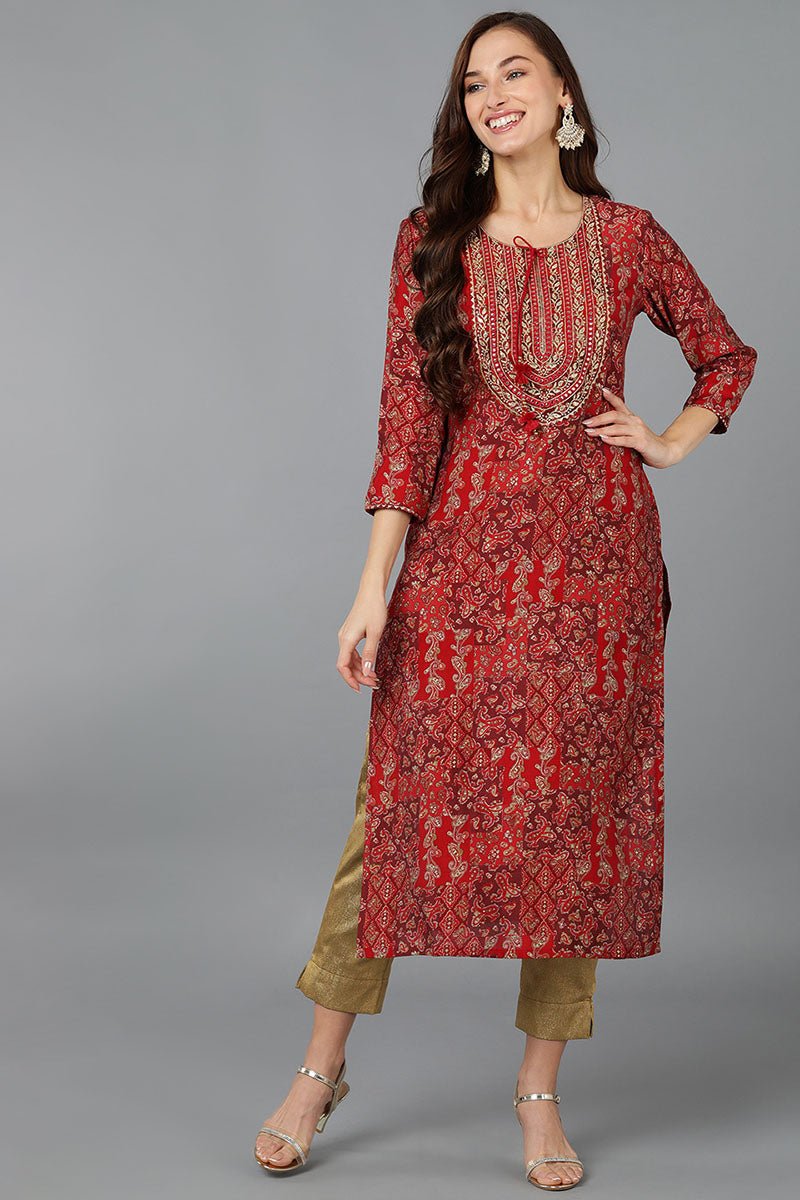 Red Silk Blend Geometric Embroidered Straight Kurta VCK9070