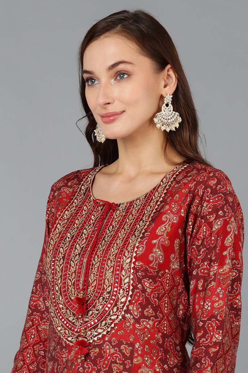 Red Silk Blend Geometric Embroidered Straight Kurta VCK9070