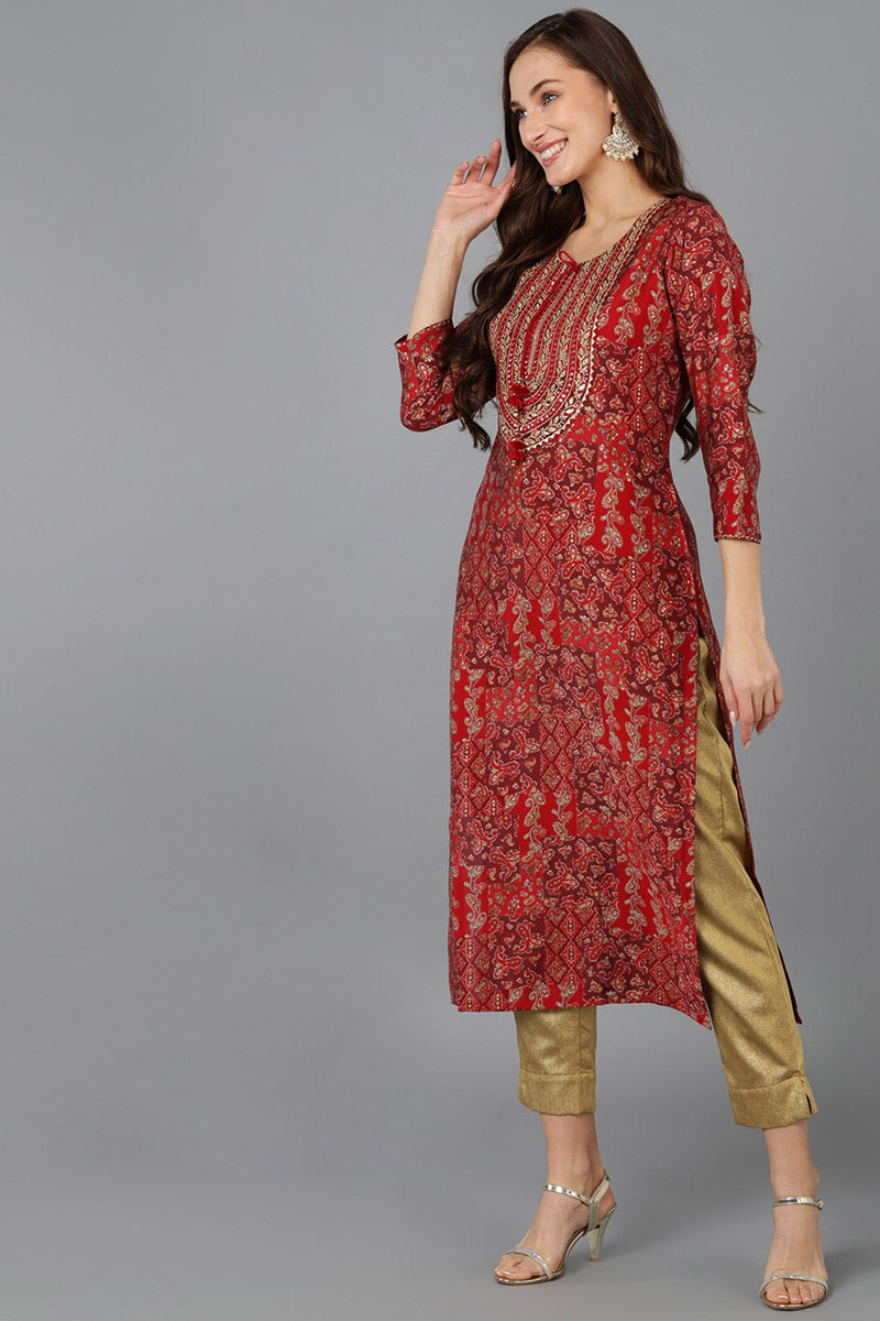 Red Silk Blend Geometric Embroidered Straight Kurta VCK9070