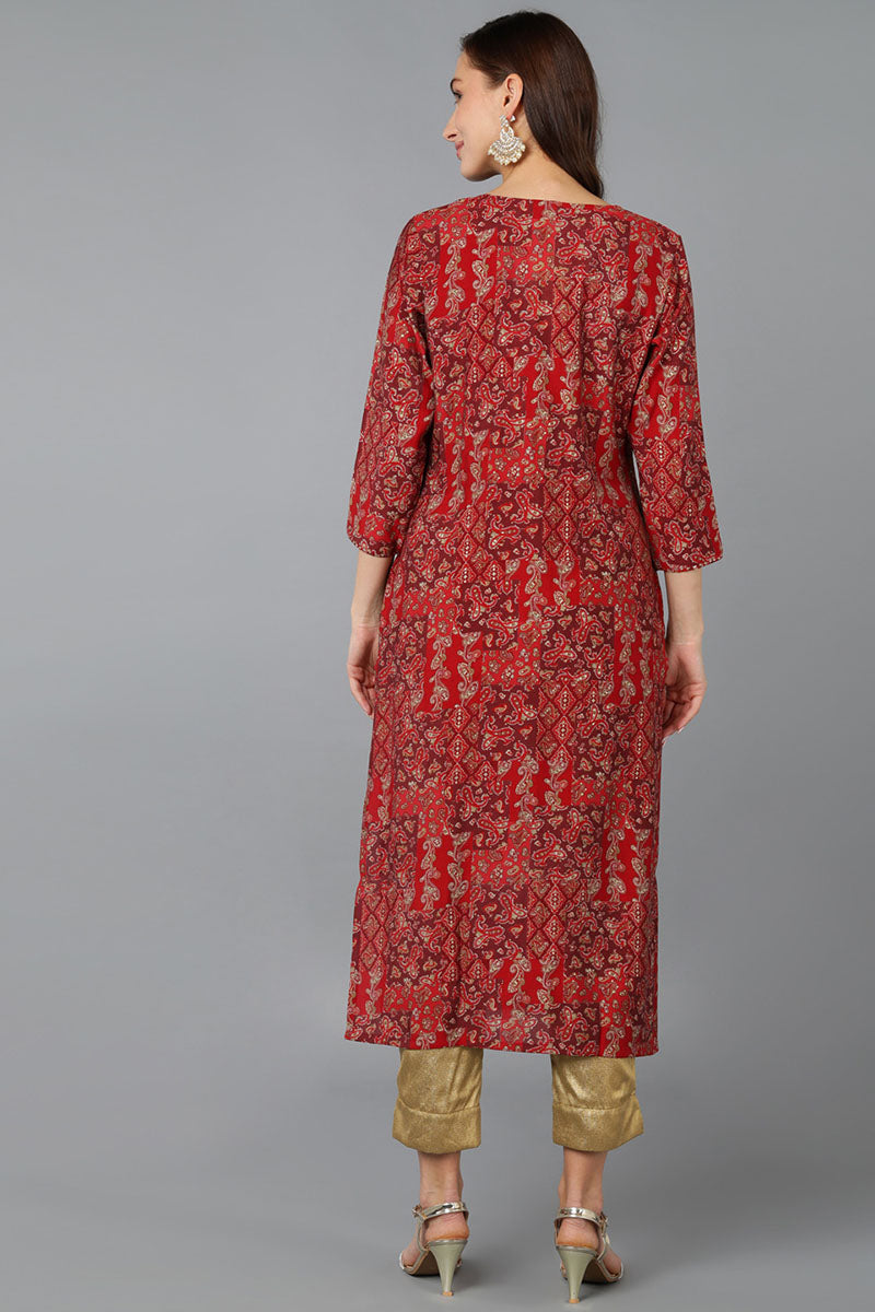 Red Silk Blend Geometric Embroidered Straight Kurta 