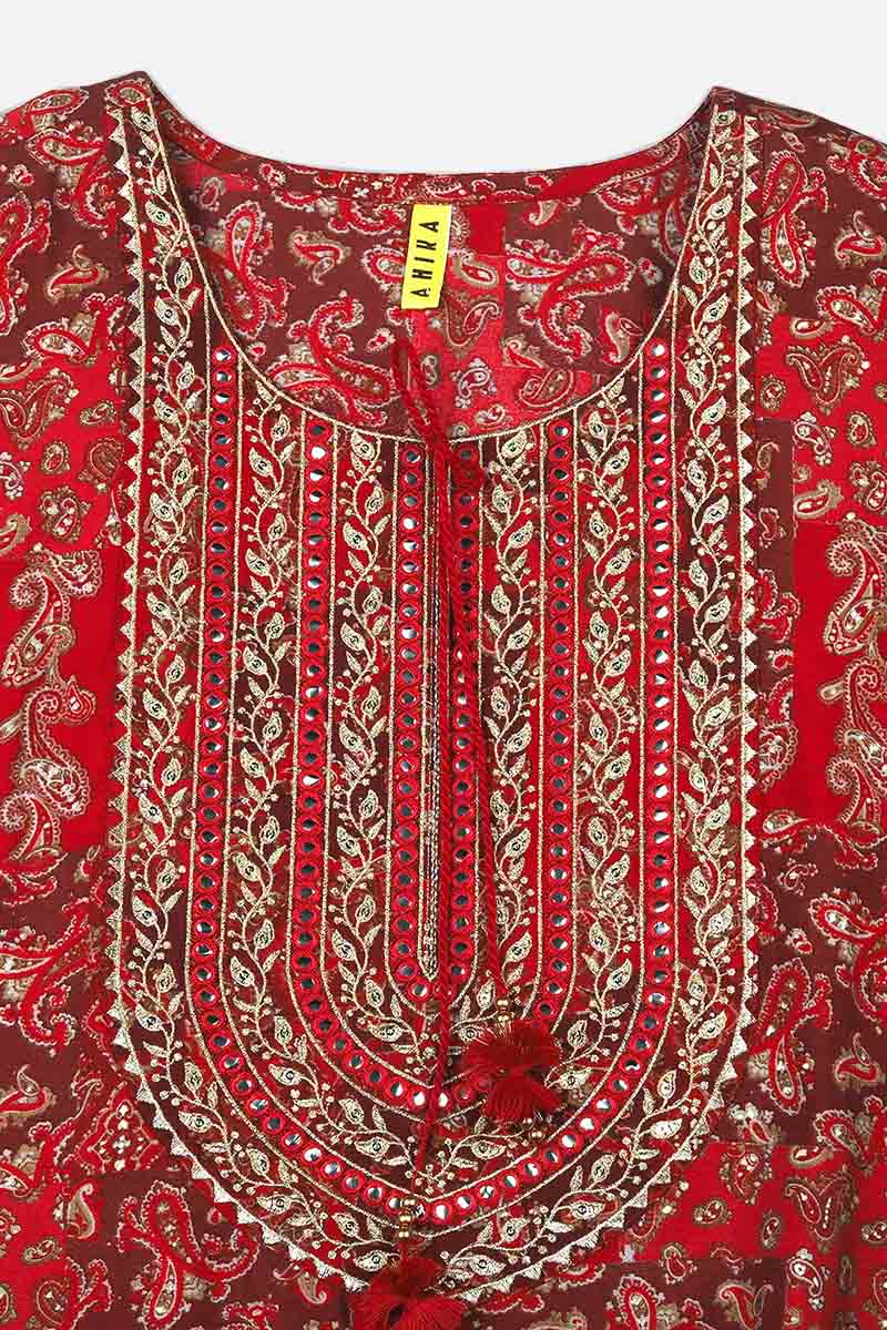 Red Silk Blend Geometric Embroidered Straight Kurta 