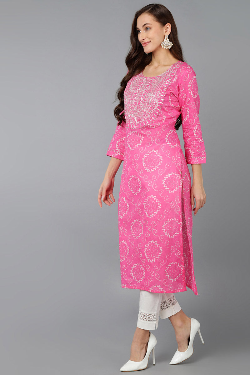 Pink Cotton Bandhani Embroidered Straight Kurta 