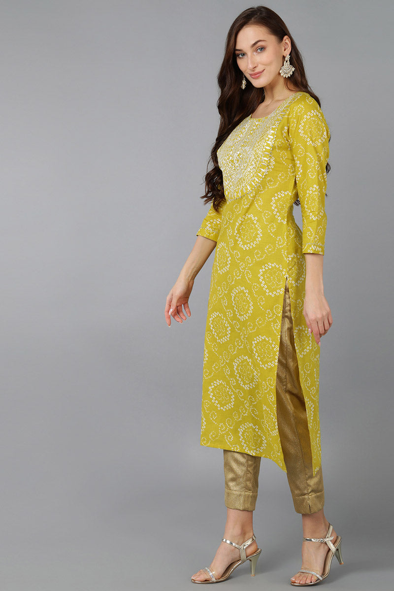 Brown Cotton Bandhani Embroidered Straight Kurta 