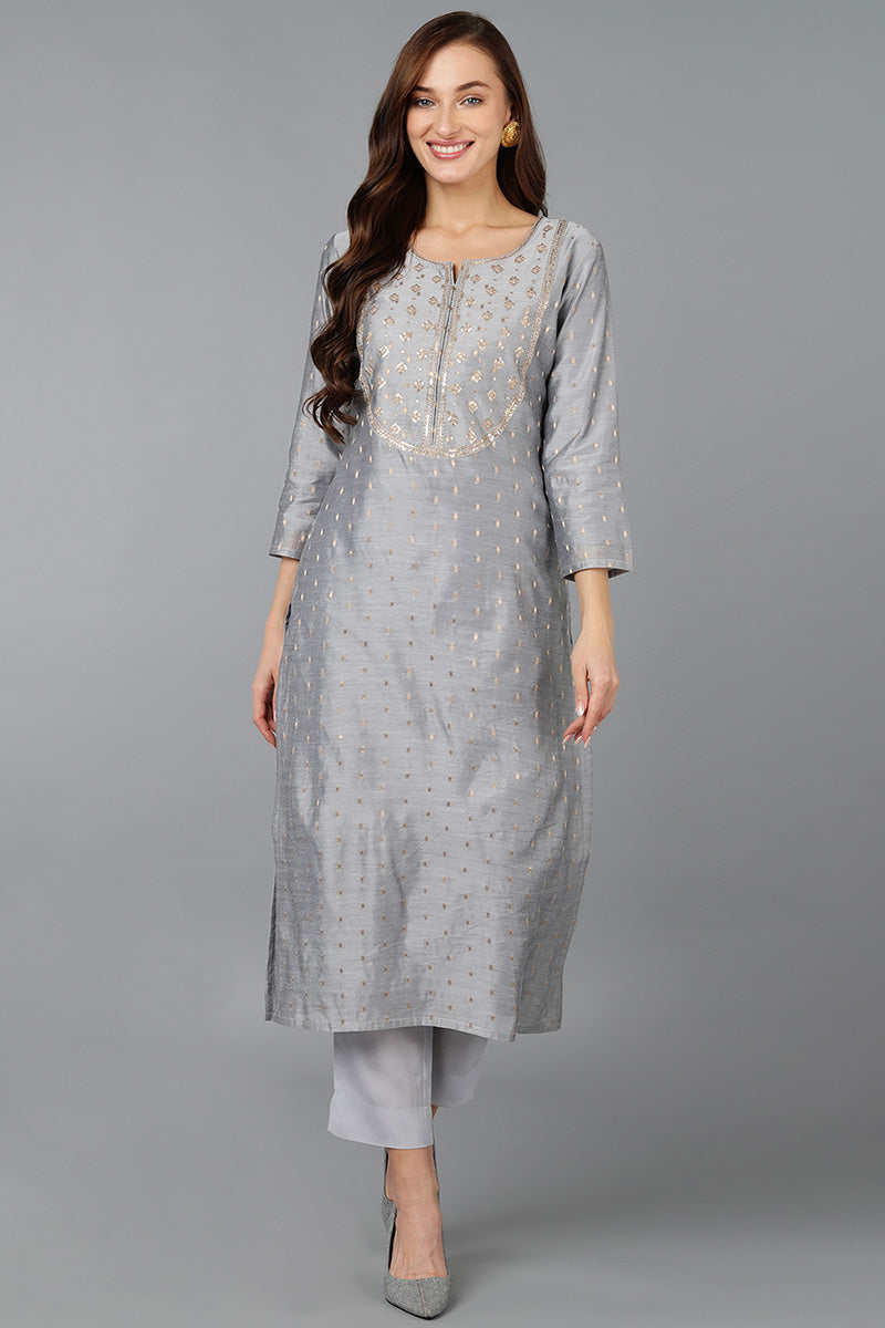 Grey Viscose Rayon Woven Design Embroidered Straight Kurta