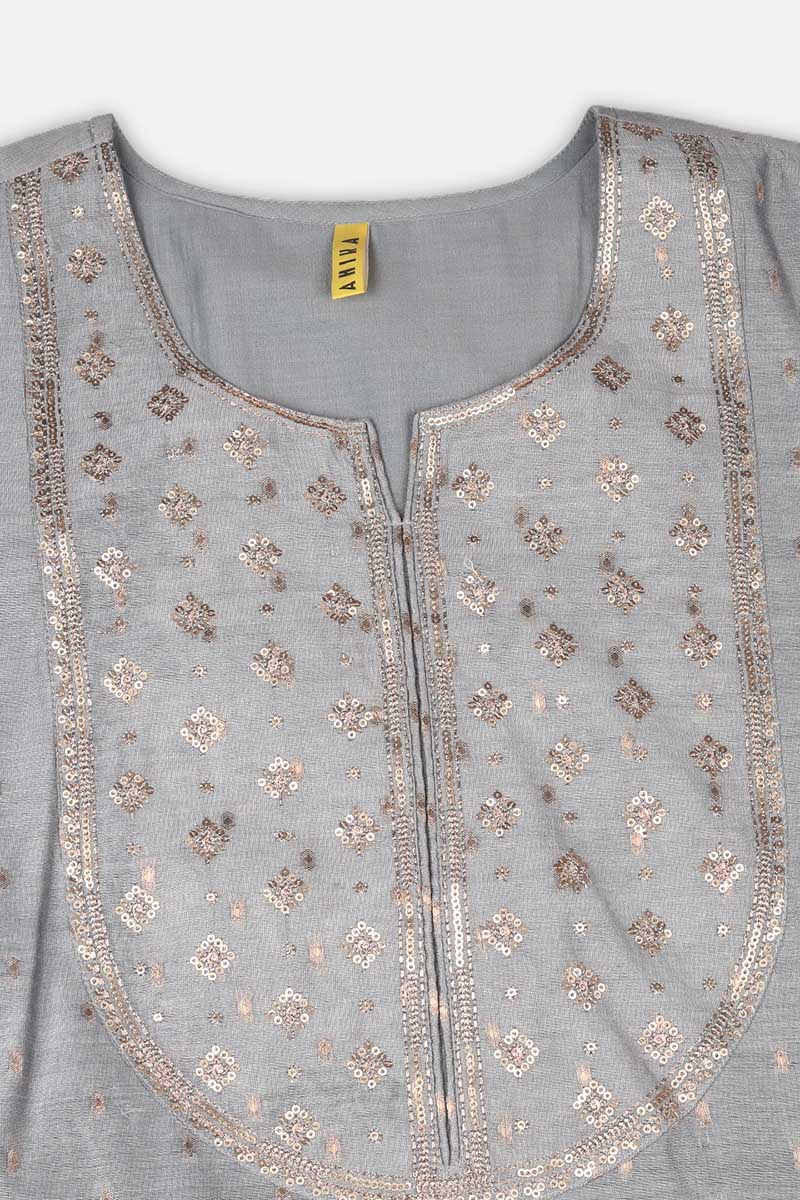 Grey Viscose Rayon Woven Design Embroidered Straight Kurta