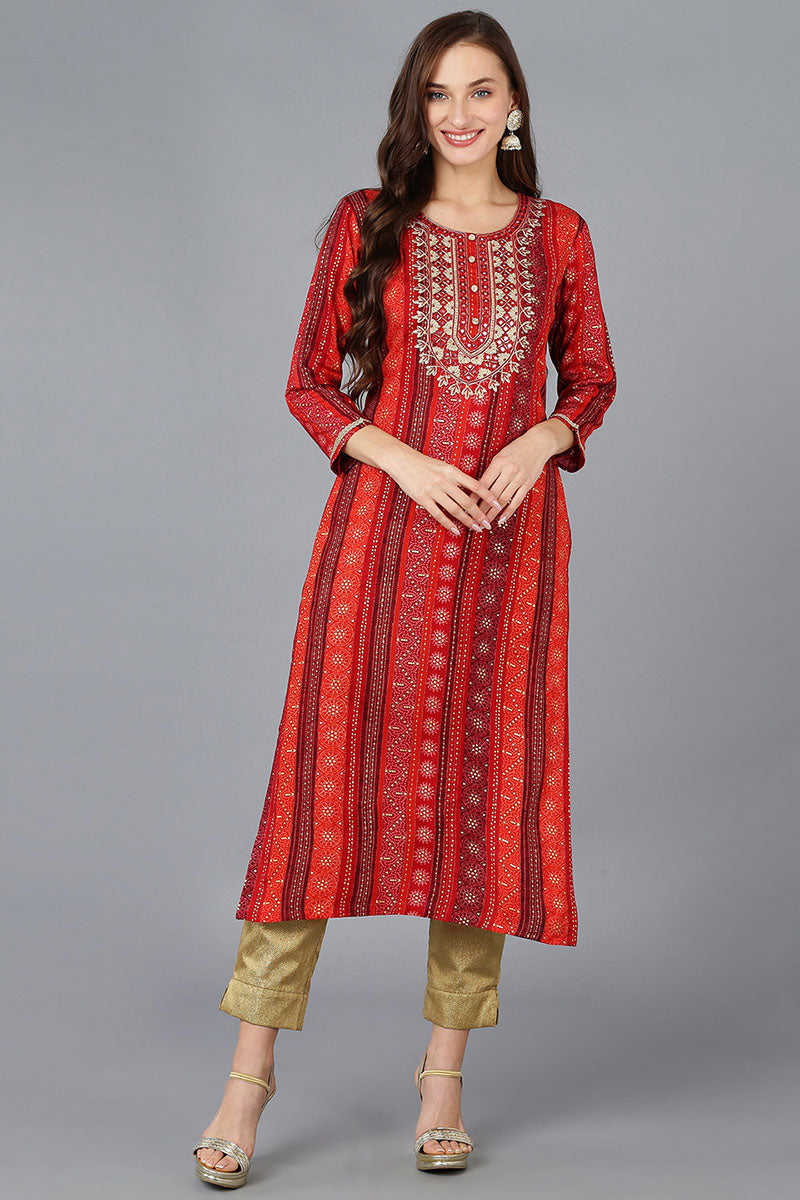 Red Viscose Rayon Geometric Embroidered Straight Kurta VCK9082