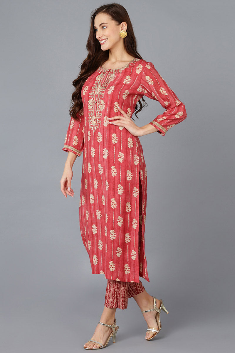 Red Silk Blend Abstract Embroidered Straight Kurta 