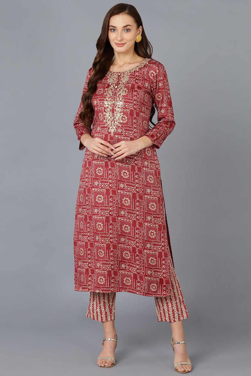 Maroon Silk Blend Geometric Embroidered Straight Kurta VCK9086