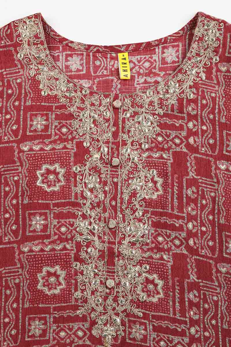 Maroon Silk Blend Geometric Embroidered Straight Kurta