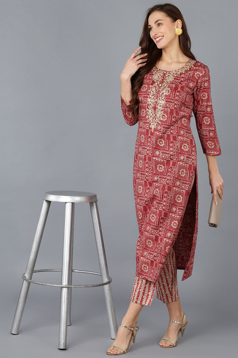 Maroon Silk Blend Geometric Embroidered Straight Kurta VCK9086