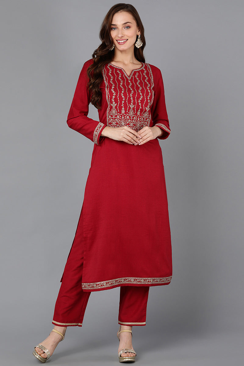 Red Silk Blend Straight Kurta VCK9116