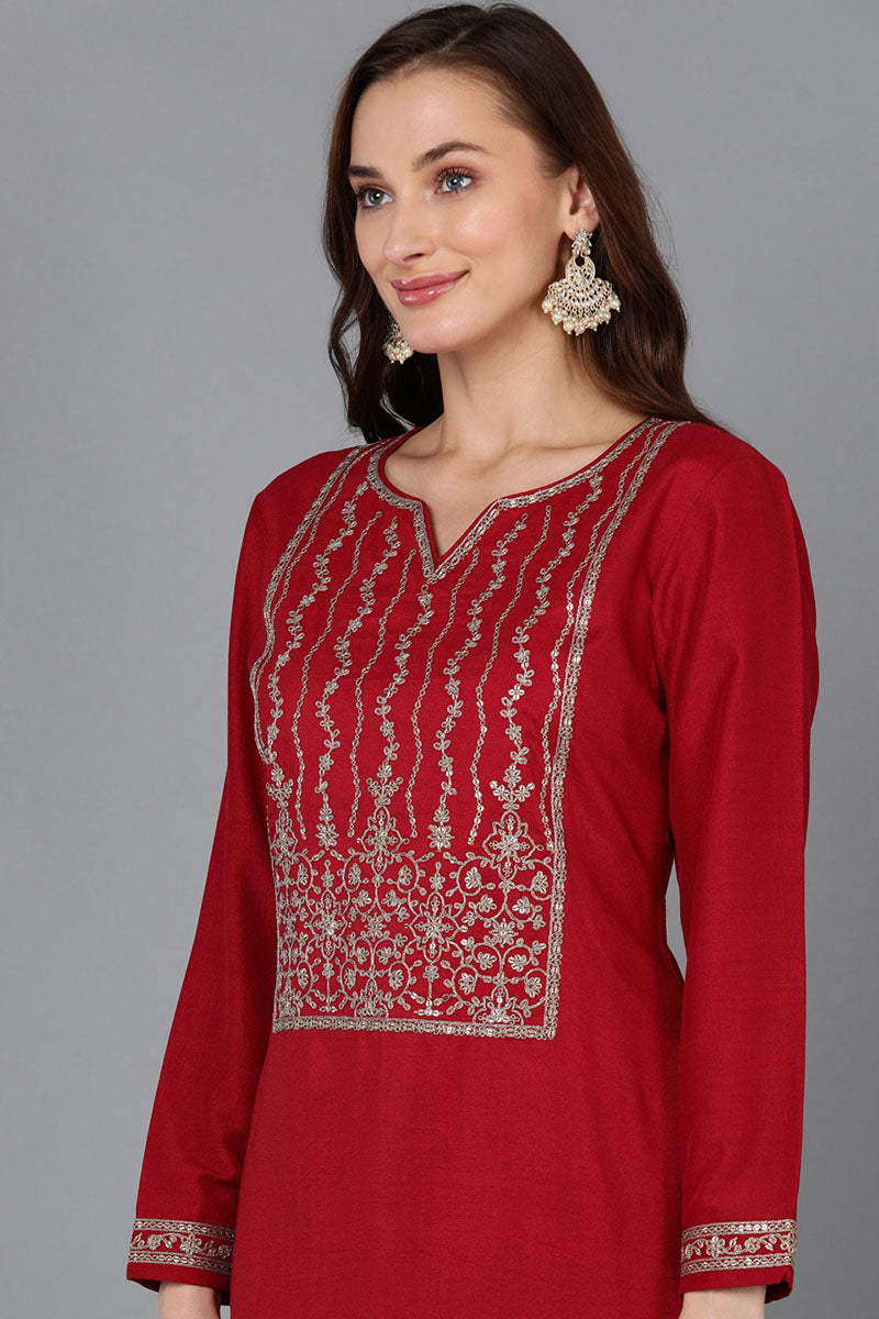 Red Silk Blend Straight Kurta VCK9116