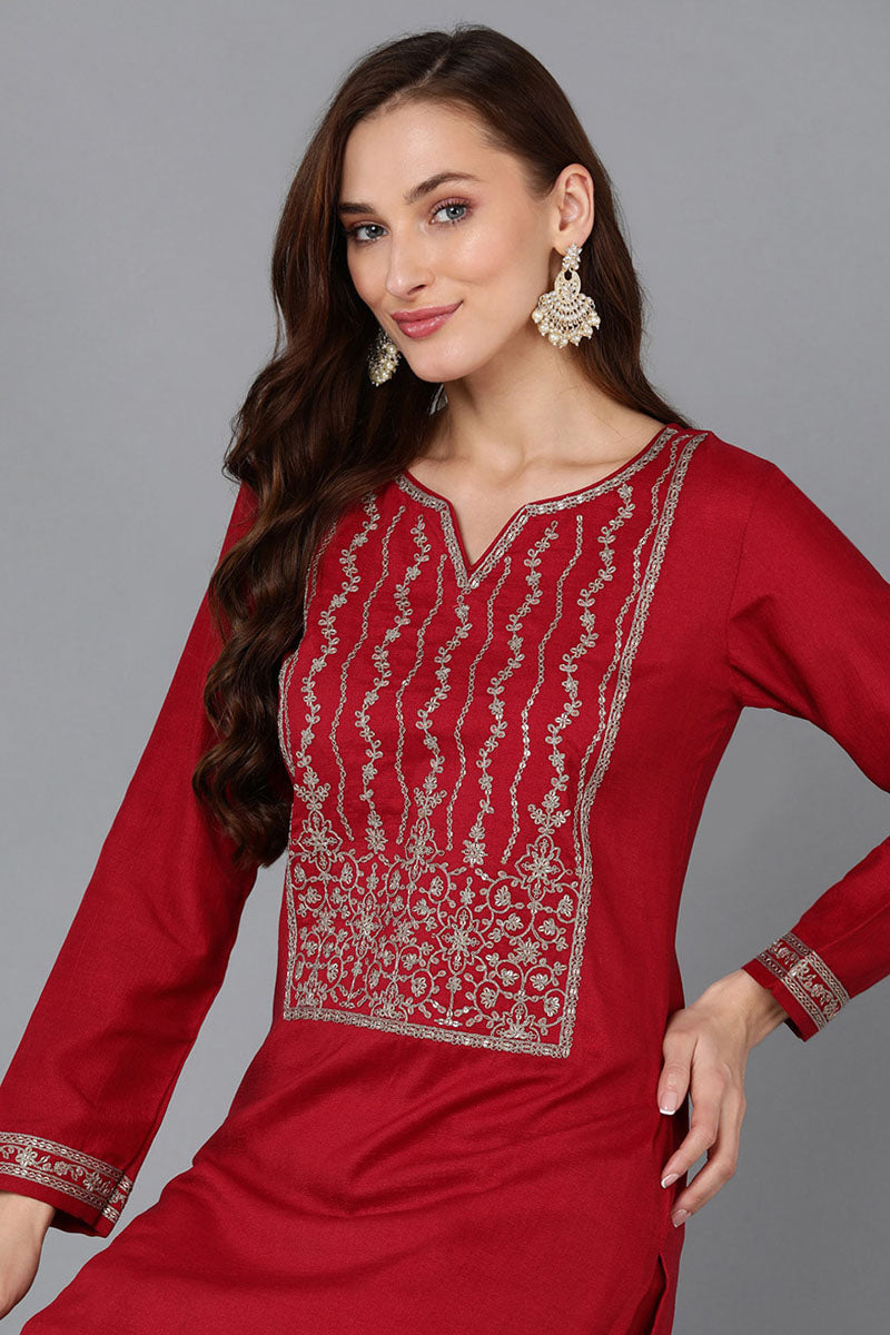 Red Silk Blend Straight Kurta VCK9116