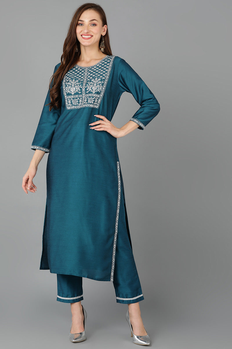 Teal Silk Blend Straight Kurta 