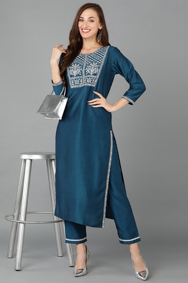 Teal Silk Blend Straight Kurta 